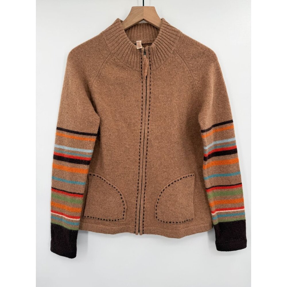 Aventura 100% Lambswool Sweater Women Medium Brown Full Zip Pockets Y2K Retro